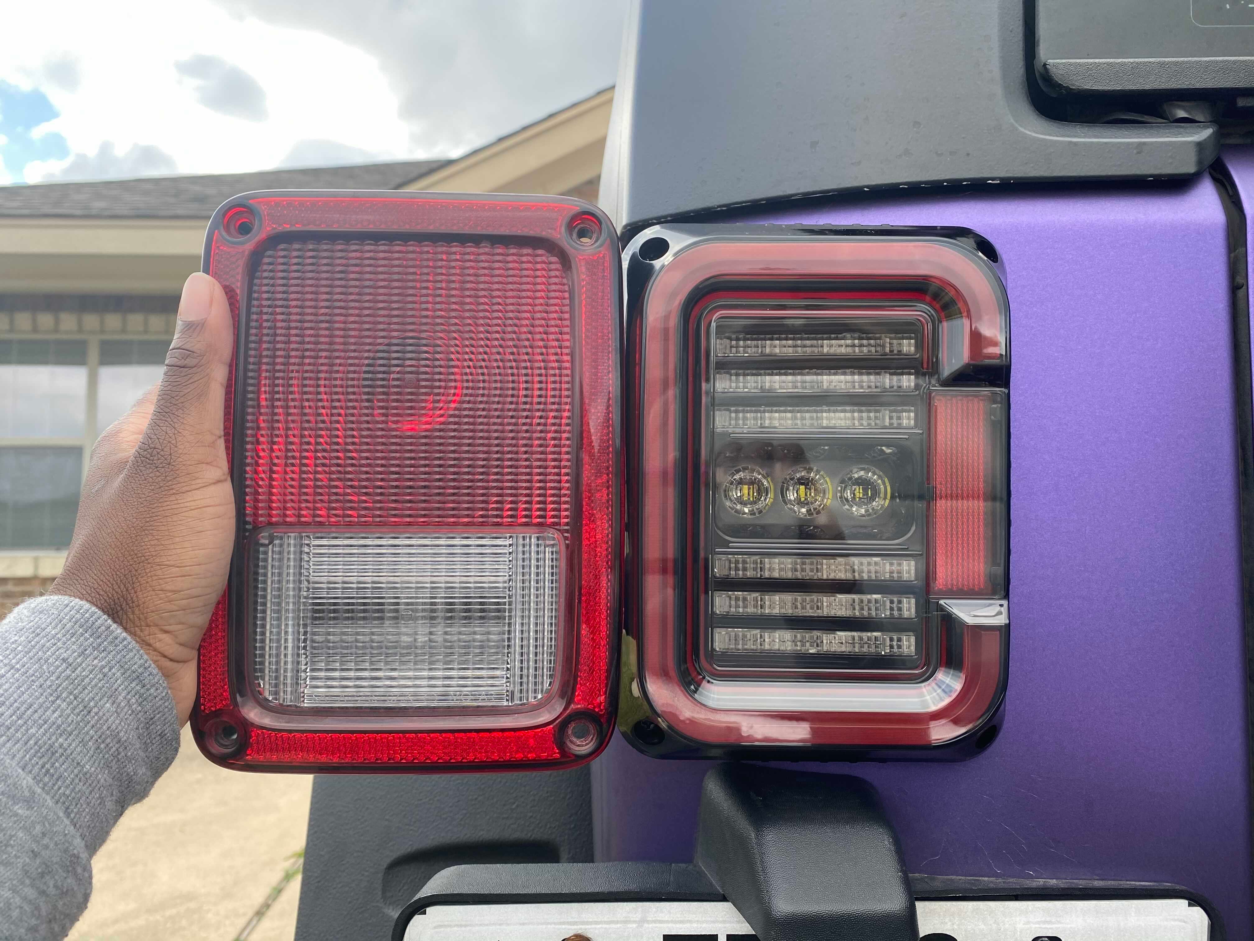 Comparison of a factory Jeep Wrangler JK taillight and an aftermarket LED taillight, highlighting the updated LED design and improved lighting appearance.