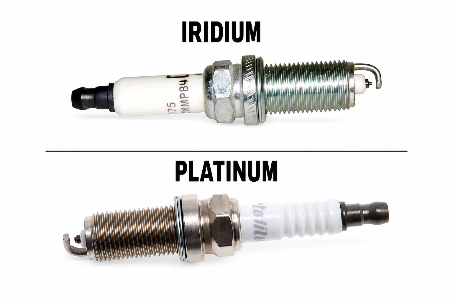 Comparison infographic showing an iridium spark plug and a platinum spark plug, labeled to highlight the two common spark plug types used in automotive ignition systems.