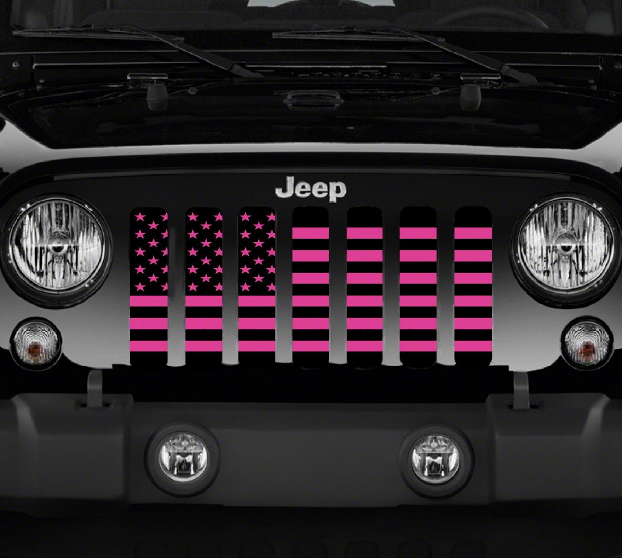 Jeep Wrangler Grille Insert; Black and Hot Pink American Flag (07