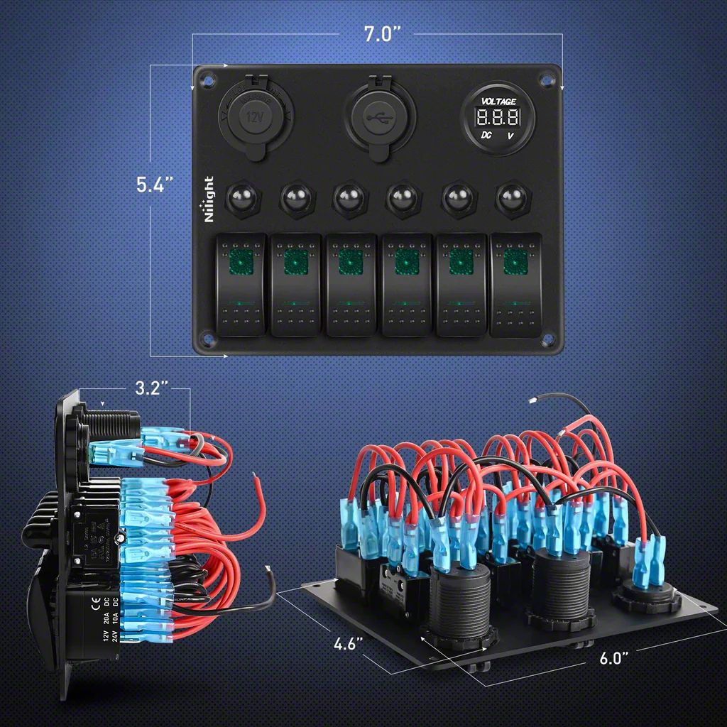 Tundra 6-Gang Toggle Rocker Switch Panel with Digital Voltmeter