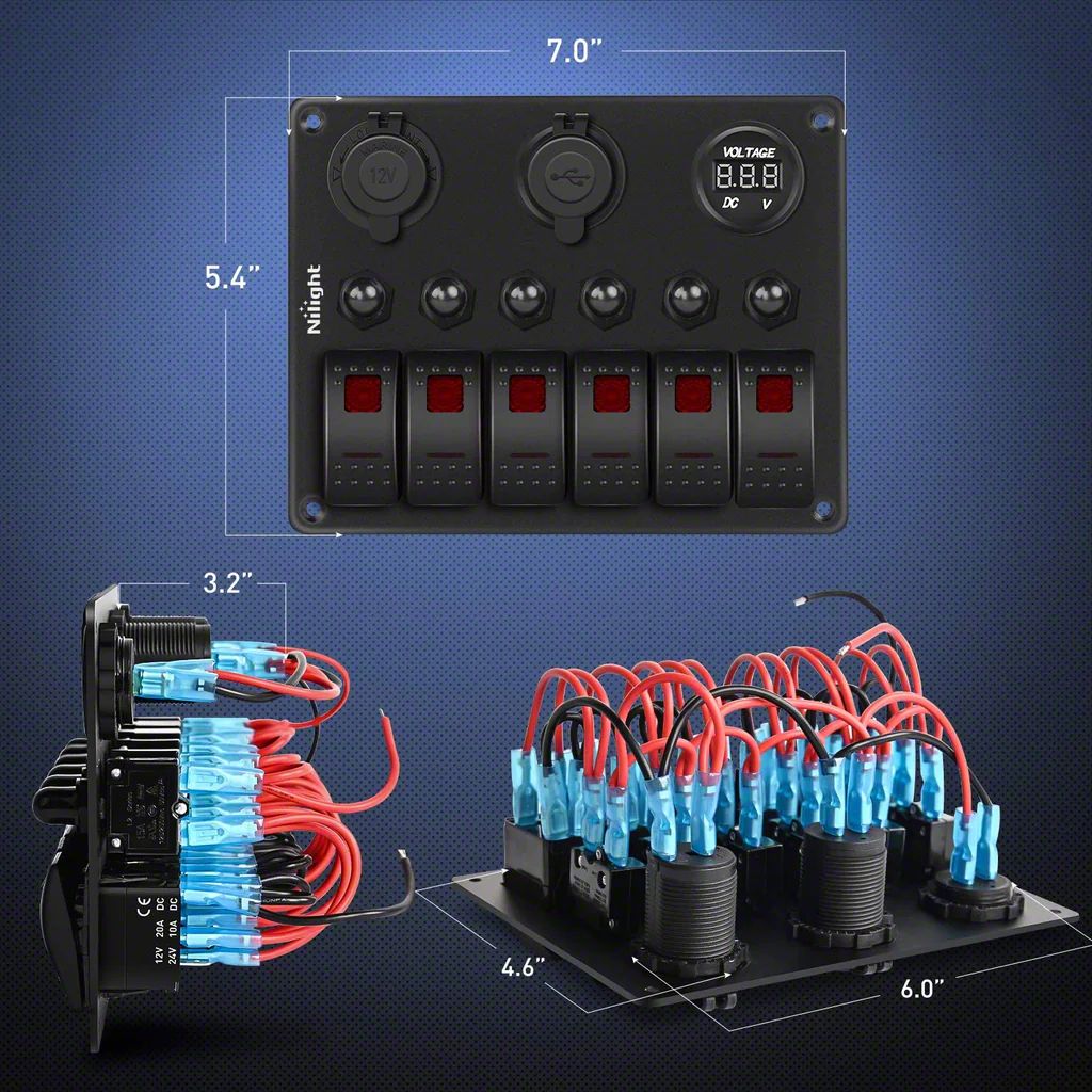 Titan 6-Gang Toggle Rocker Switch Panel with Digital Voltmeter and