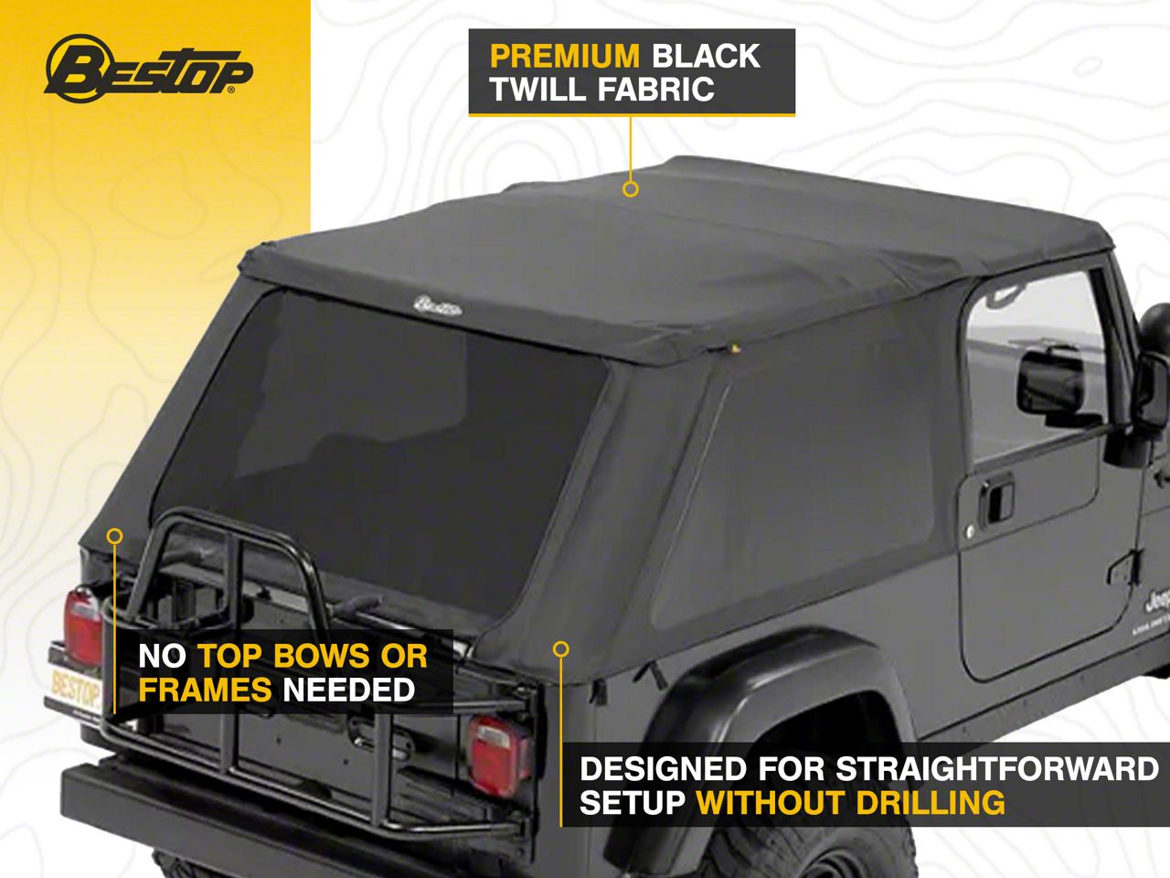 Complete Soft Top With Hardware Kit For Jeep Wrangler TJ (1997-2006) – Black, Removable Plastic Windows