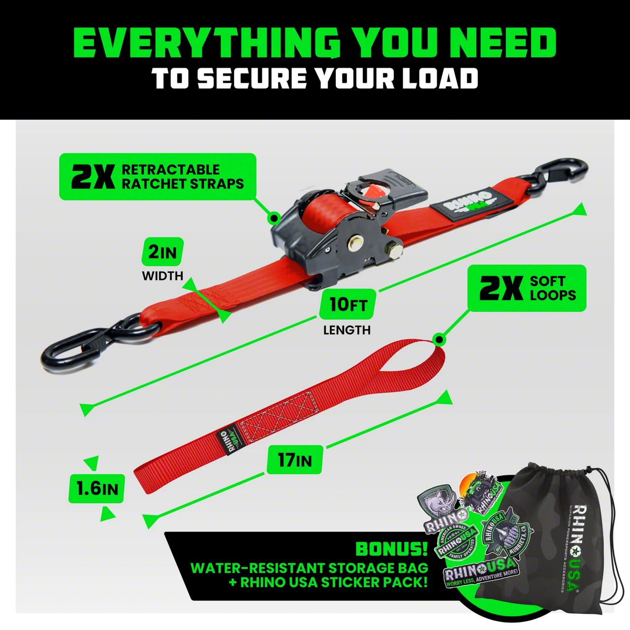Rhino USA Jeep Wrangler 2-Inch x 10-Foot Retractable Ratchet