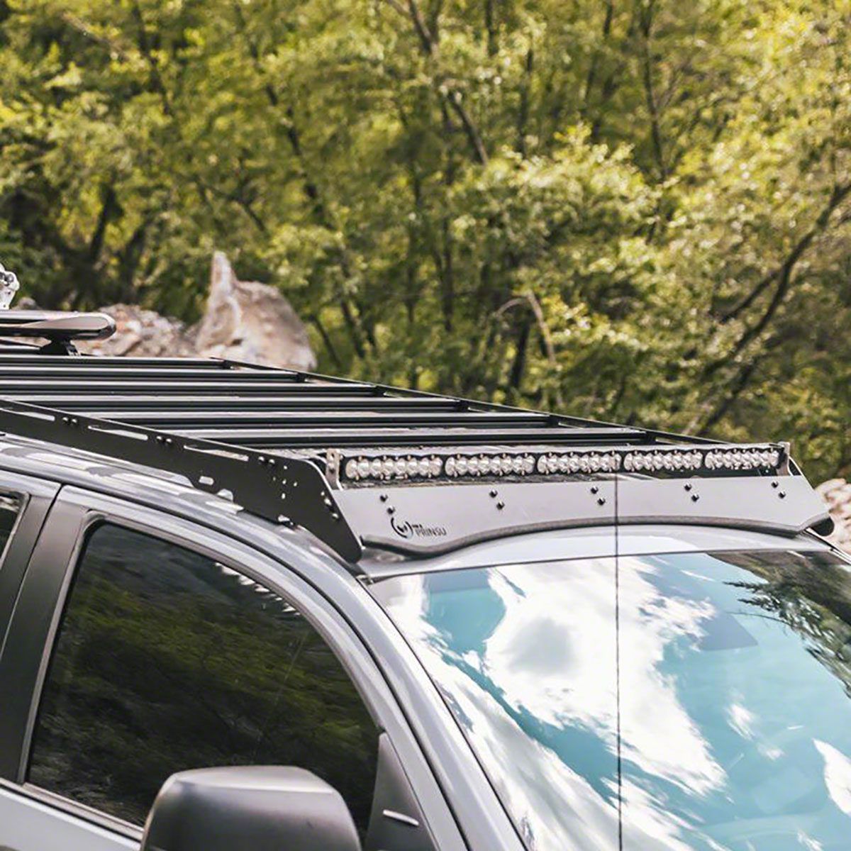 Prinsu Roof Rack with 50-Inch LED Light Bar Cutout Wind Deflector; Black  (07-21 Tundra CrewMax)