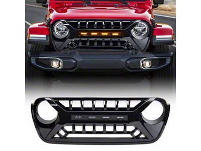 American Modified Armor Grille with Amber Lights; Glossy Black (18-25 Jeep Wrangler JL)
