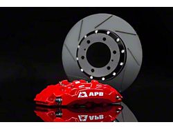 APB 4-Piston Front Big Brake Kit with 14-Inch Slotted Rotors and Brake Booster; Red Calipers (20-25 Jeep Gladiator JT)