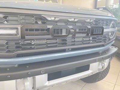 Front Grille Letter Overlays; Forged Carbon Fiber with Code Orange Outline (22-25 Bronco Raptor)