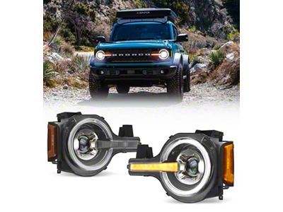LED Headlights with White and Amber DRL and Sequential Turn Signals; Black Housing; Clear Lens (21-25 Bronco)