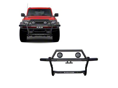 Rambler Grille Guard with 30-Inch LED Light Bar and 5.30-Inch Black Round Flood LED Lights; Matte Black (21-25 Bronco)