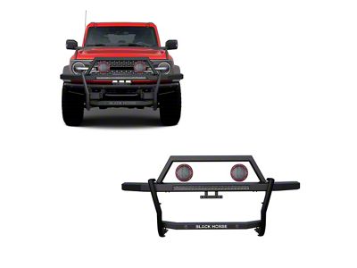 Rambler Grille Guard with 30-Inch LED Light Bar and 5.30-Inch Red Round Flood LED Lights; Matte Black (21-25 Bronco)