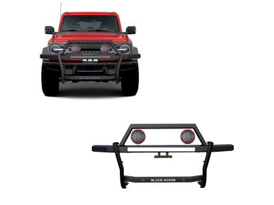 Rambler Grille Guard with 5.30-Inch Red Round Flood LED Lights; Matte Black (21-25 Bronco)