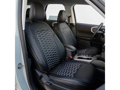 Premium Artificial Leather Front and Rear Seat Covers; All Black with White Double Hex Stitch Accent Insert (21-25 Bronco Sport w/ Cloth Seats)