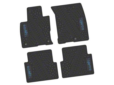 Factory Floorpan Fit Tire Tread/Scorched Earth Scene Front and Rear Floor Mats with Light Blue GOAT/Mountain Insert; Black (21-25 Bronco Sport)