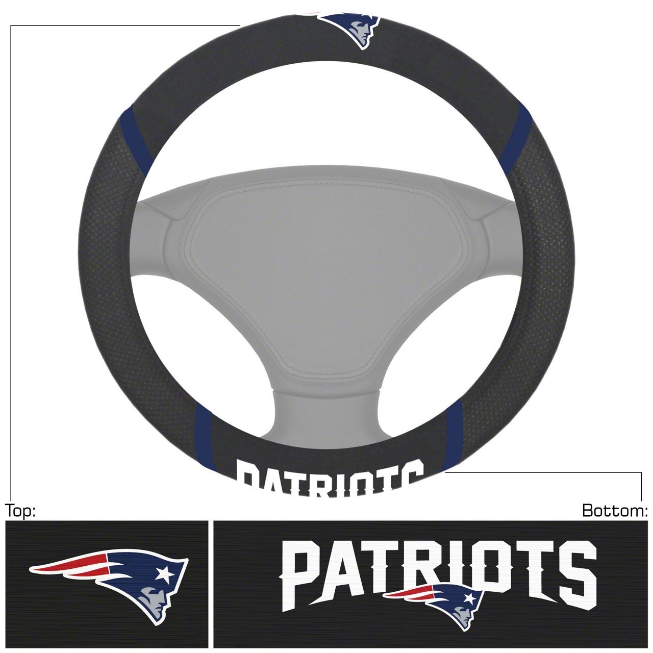 Bronco Steering Wheel Cover with New England Patriots Logo; Black