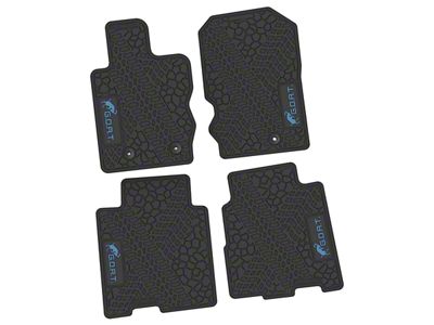 Factory Floorpan Fit Tire Tread/Scorched Earth Scene Front and Rear Floor Mats with Light Blue GOAT Insert; Black (21-25 Bronco 4-Door)