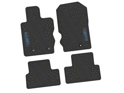 Factory Floorpan Fit Tire Tread/Scorched Earth Scene Front and Rear Floor Mats with Light Blue GOAT/Mountain Insert; Black (21-25 Bronco 2-Door)