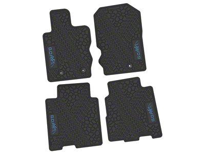 Factory Floorpan Fit Tire Tread/Scorched Earth Scene Front and Rear Floor Mats with Light Blue GOAT/Mountain Insert; Black (21-25 Bronco 4-Door)