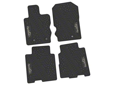 Factory Floorpan Fit Tire Tread/Scorched Earth Scene Front and Rear Floor Mats with Light Gray Squatch/Mountain Insert; Black (21-25 Bronco 4-Door)