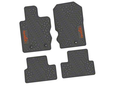 Factory Floorpan Fit Tire Tread/Scorched Earth Scene Front and Rear Floor Mats with Orange Squatch/Mountain Insert; Gray (21-25 Bronco 2-Door)