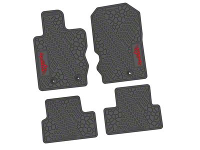Factory Floorpan Fit Tire Tread/Scorched Earth Scene Front and Rear Floor Mats with Red Squatch/Mountain Insert; Gray (21-25 Bronco 2-Door)