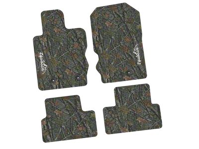 Factory Floorpan Fit Tire Tread/Scorched Earth Scene Front and Rear Floor Mats with White Squatch/Mountain Insert; Rugged Woods (21-25 Bronco 2-Door)
