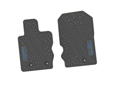 Factory Floorpan Fit Tire Tread/Scorched Earth Scene Front Floor Mats with Light Blue Squatch/Mountain Insert; Gray (21-25 Bronco)