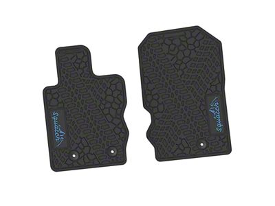 Factory Floorpan Fit Tire Tread/Scorched Earth Scene Front Floor Mats with Light Blue Squatch/Mountain Insert; Black (21-25 Bronco)