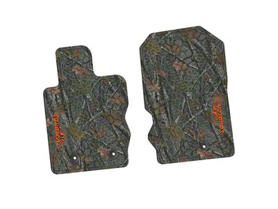 Factory Floorpan Fit Tire Tread/Scorched Earth Scene Front Floor Mats with Orange Squatch/Mountain Insert; Rugged Woods (21-25 Bronco)