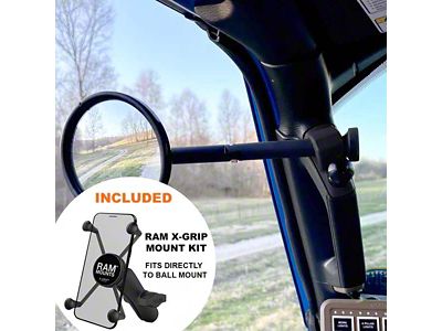 CMM Offroad A-Pillar Side Mirror with Base Mount with 8-Inch Arm and 1-Inch Ball with Ram X-Grip XL; Black; Driver and Passenger Side (24-25 Jeep Wrangler JL)