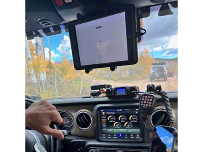 CMM Offroad A-Pillar Side Mirrors with Base Mount, 8-Inch Arm, 1-Inch Ball and RAM X-Grip XL Phone Mount; Driver and Passenger Side; Black (20-23 Jeep Gladiator JT)