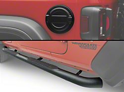 RedRock 3-Inch Round Curved Side Step Bars with Fuel Filler Door Cover; Black (18-26 Jeep Wrangler JL 4-Door)
