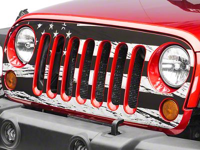 SEC10 Distressed American Flag Grille Decal; Matte Black and White (07-18 Jeep Wrangler JK)