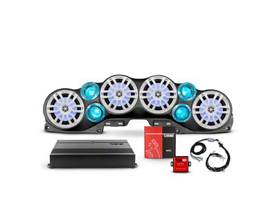 DS18 Complete RGB Loaded Sound Bar Package with Plastic Grille Marine Speakers; Black Sound Bar with White Speaker Grilles (20-23 Jeep Gladiator JT)