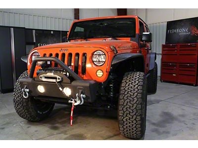Fishbone Offroad Stubby Winch Front Bumper with Tube Guard; Textured Black (07-18 Jeep Wrangler JK)
