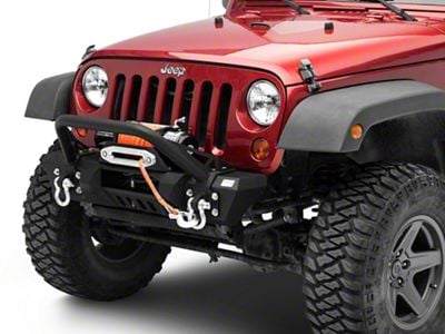 Fishbone Offroad Stubby Front Winch Bumper with Tube Guard and 14-Inch LED Light Bar Mount; Textured Black (07-18 Jeep Wrangler JK)