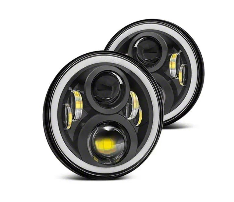 5 3/4 Inch LED Angel Eyes Projector Headlights – Black Housing, Clear Lens, H4 Bulb Compatible (Pair)