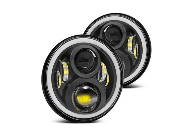 5 3/4 Inch LED Angel Eyes Projector Headlights – Black Housing, Clear Lens, H4 Bulb Compatible (Pair)