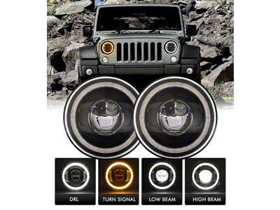 Flashtech Ignite 7-Inch LED Headlights with White/Amber Switchback DRL Halo; Black Housing; Clear Lens (18-26 Jeep Wrangler JL w/ 7-Inch Headlight Adapter)