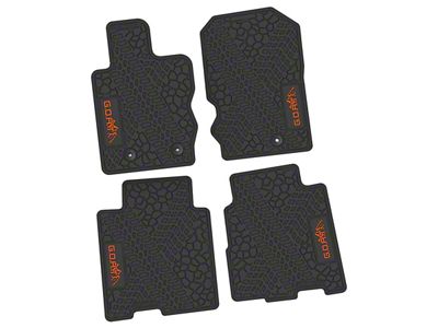 Factory Floorpan Fit Tire Tread/Scorched Earth Scene Front and Rear Floor Mats with Orange GOAT/Mountain Insert; Black (21-25 Bronco 4-Door)