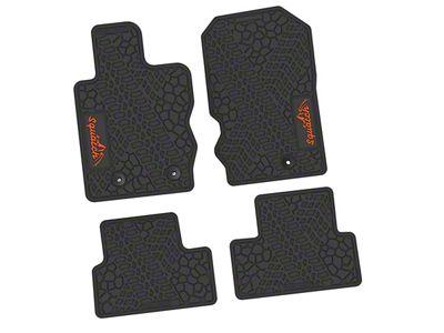 Factory Floorpan Fit Tire Tread/Scorched Earth Scene Front and Rear Floor Mats with Orange Squatch/Mountain Insert; Black (21-25 Bronco 2-Door)