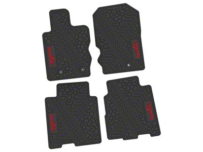 Factory Floorpan Fit Tire Tread/Scorched Earth Scene Front and Rear Floor Mats with Red Squatch/Mountain Insert; Black (21-25 Bronco 4-Door)