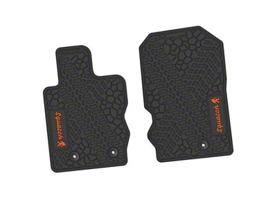 Factory Floorpan Fit Tire Tread/Scorched Earth Scene Front Floor Mats with Orange Squatch Insert; Black (21-25 Bronco)