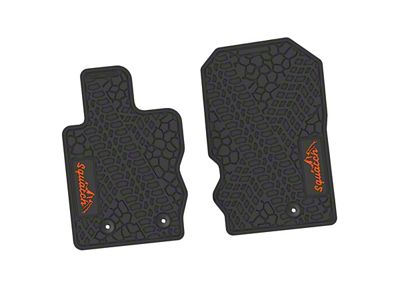 Factory Floorpan Fit Tire Tread/Scorched Earth Scene Front Floor Mats with Orange Squatch/Mountain Insert; Black (21-25 Bronco)