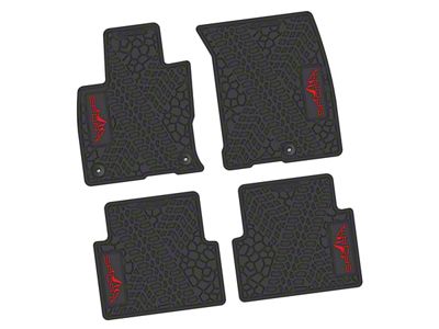 Factory Floorpan Fit Tire Tread/Scorched Earth Scene Front and Rear Floor Mats with Red Sport/Mountain Insert; Black (21-25 Bronco Sport)