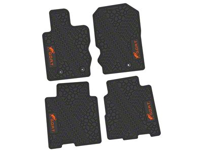Factory Floorpan Fit Tire Tread/Scorched Earth Scene Front and Rear Floor Mats with Orange GOAT Insert; Black (21-25 Bronco 4-Door)