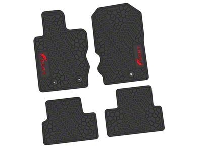 Factory Floorpan Fit Tire Tread/Scorched Earth Scene Front and Rear Floor Mats with Red GOAT Insert; Black (21-25 Bronco 2-Door)