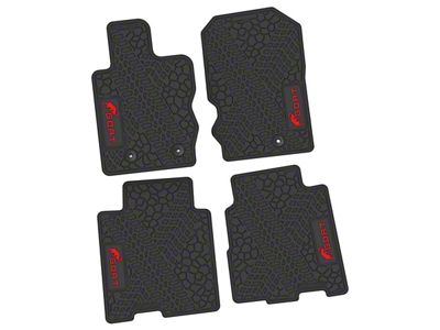 Factory Floorpan Fit Tire Tread/Scorched Earth Scene Front and Rear Floor Mats with Red GOAT Insert; Black (21-25 Bronco 4-Door)