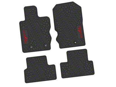 Factory Floorpan Fit Tire Tread/Scorched Earth Scene Front and Rear Floor Mats with Red Offroad Insert; Black (21-25 Bronco 4-Door)
