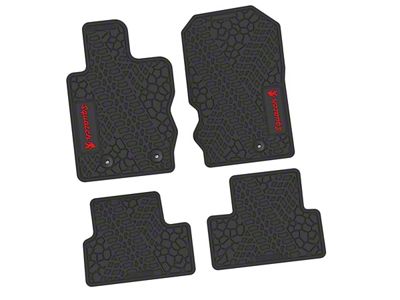 Factory Floorpan Fit Tire Tread/Scorched Earth Scene Front and Rear Floor Mats with Red Squatch Insert; Black (21-25 Bronco 2-Door)