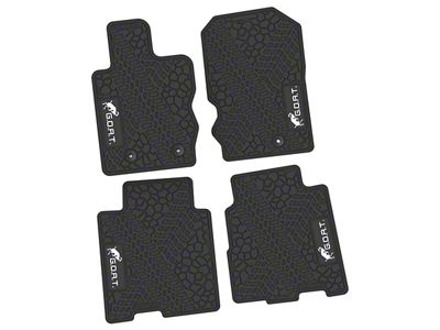 Factory Floorpan Fit Tire Tread/Scorched Earth Scene Front and Rear Floor Mats with White GOAT Insert; Black (21-25 Bronco 4-Door)